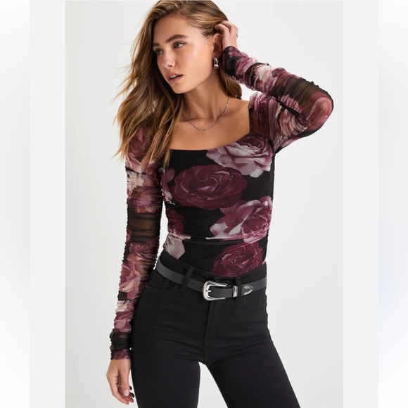 Lulus Flowering Aesthetic Black Floral Mesh Ruched Square Neck Top XS - Picture 1 of 9